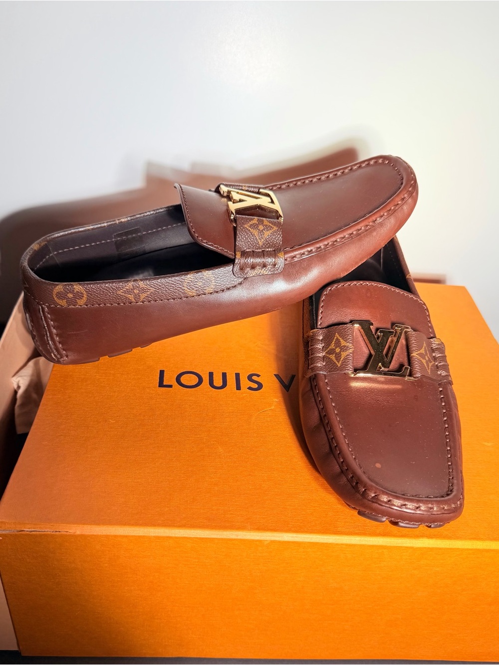 Authentic Louis Vuitton Brown Monogram LV Hardware Leather Loafers